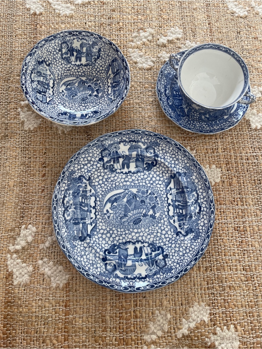 Antique 4 Piece Blue White Transferware Chinese Bird Pattern William Adams & Son